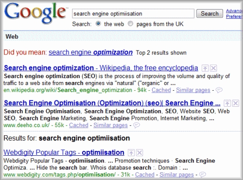 Did you meanで修正したsearch engine optimiisationのSERP