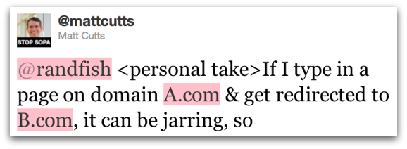personal take: If I type in a page on domain A.com & get redirected to B.com, it can be jarring, so