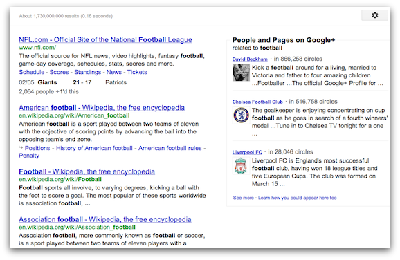 「football」で検索したSPYW (Search Plus Your World)