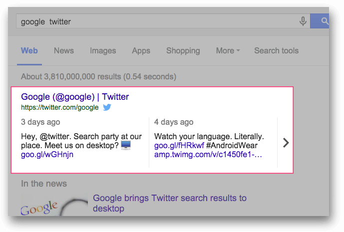 PC検索結果に差し込まれたGoogleのTwitter公式アカウントのツイート