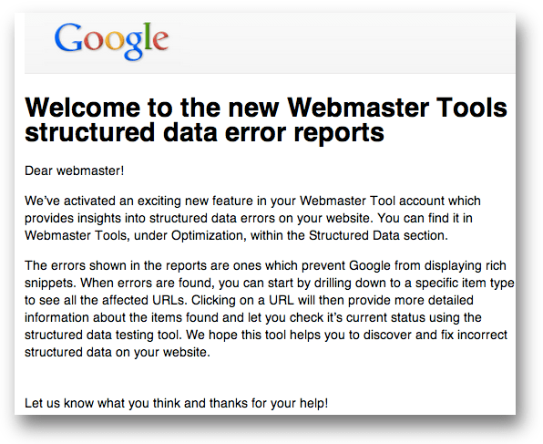 「Welcome to the new Webmaster Tools structured data error reports」のメール