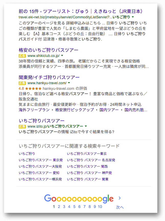 オーガニック検索の下に表示されるAdWords広告