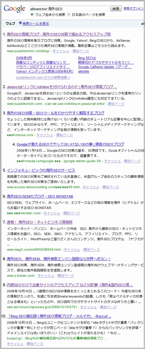 allinanchor:オペレータで「海外SEO」を検索