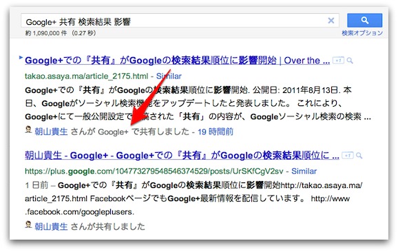 検索結果に表示されるGoogle+のアノテーション