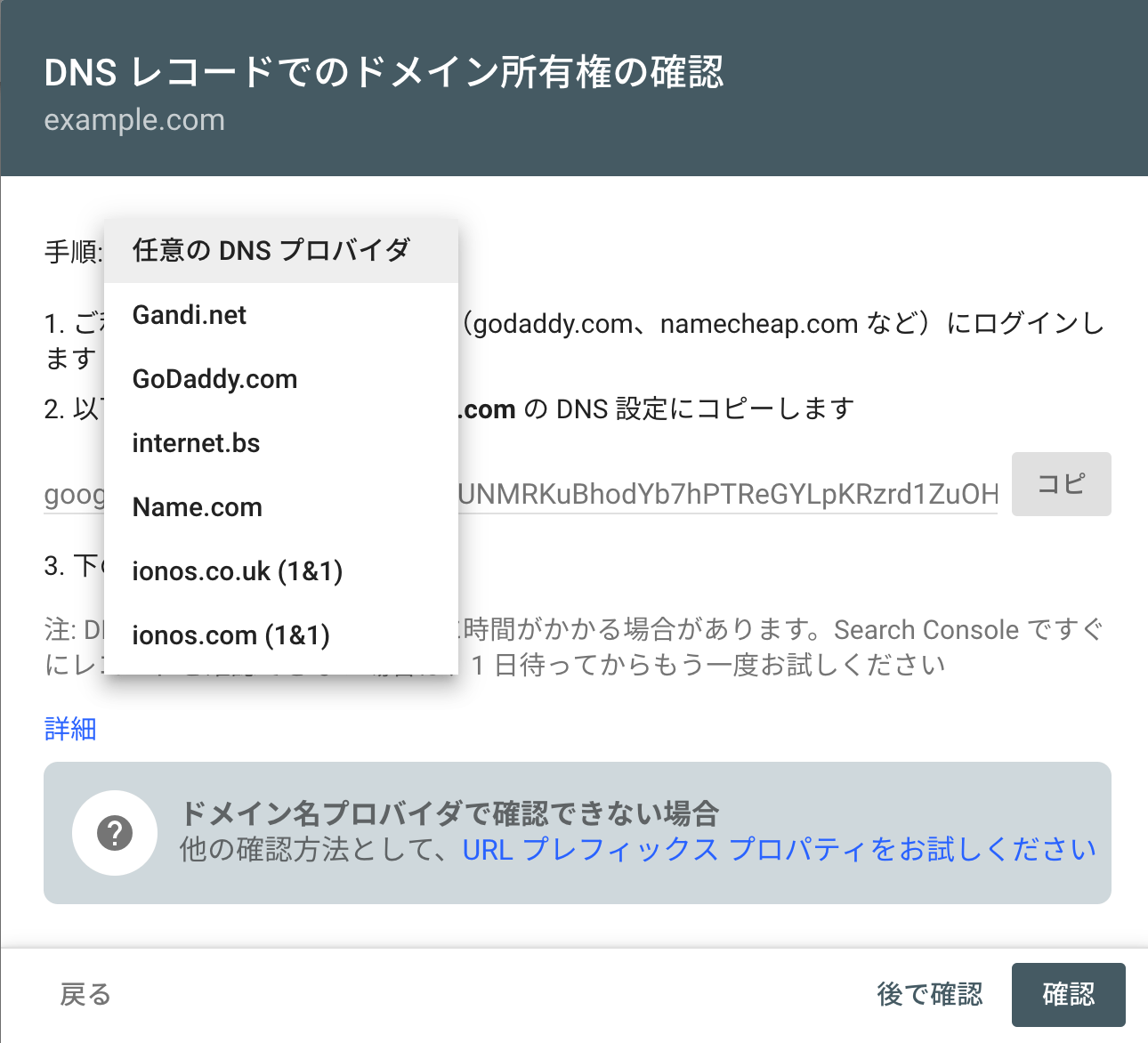 DNS レコードでのドメイン所有権の確認