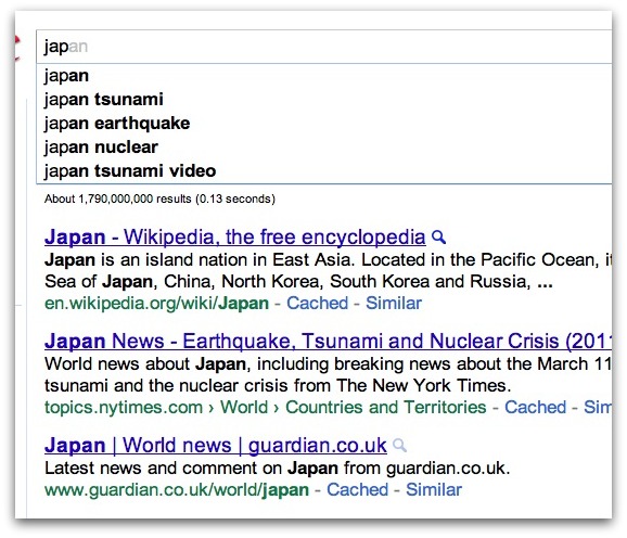 「jap」のオートコンプリートとインスタント検索