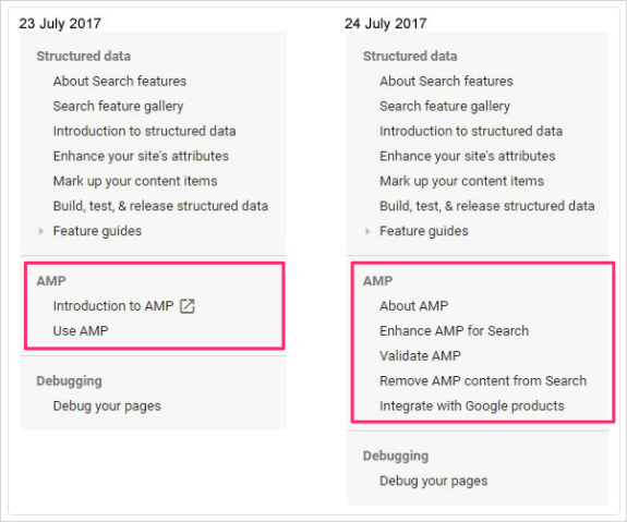 AMPドキュメントの以前の今のメニュー項目