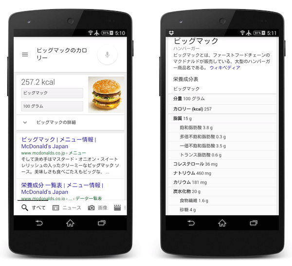 ビッグマックのカロリーのモバイル検索結果