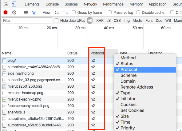 Chrome デベロッパー ツールで HTTP/2 を確認