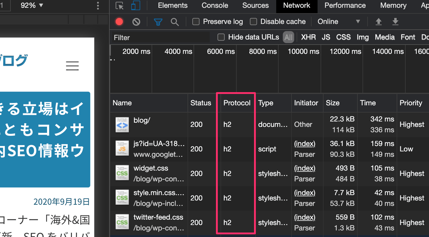 Chrome  デベロッパー ツールの [Network] で HTTP/2 を確認