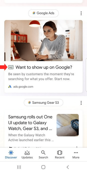 Discover に掲載された Google の広告