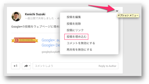 Google+の投稿のオプションメニュー