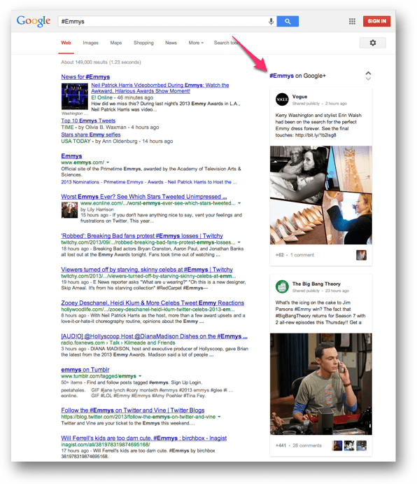 Google+のハッシュタグ検索結果が表示されたウェブ検索