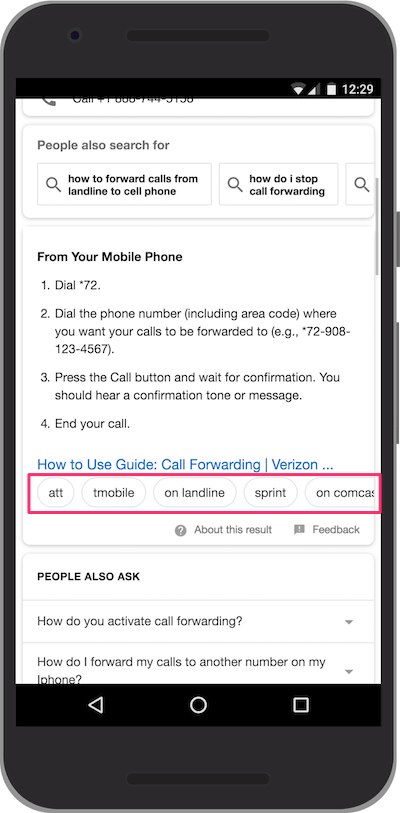 Featured Snippets for how to setup call forwarding