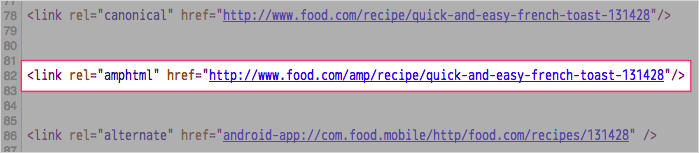 rel=amphtmlがあるFood.comのHTMLソースコード
