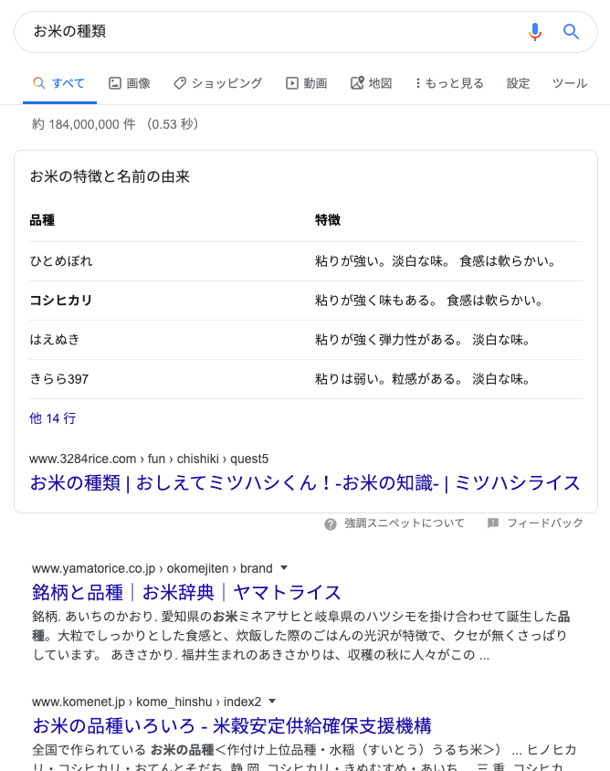 [お米の種類] の強調スニペット