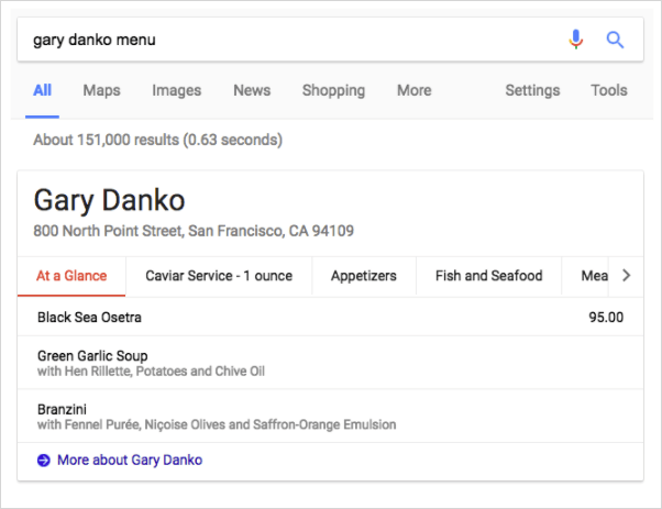 「gary danko menu」の強調スニペット