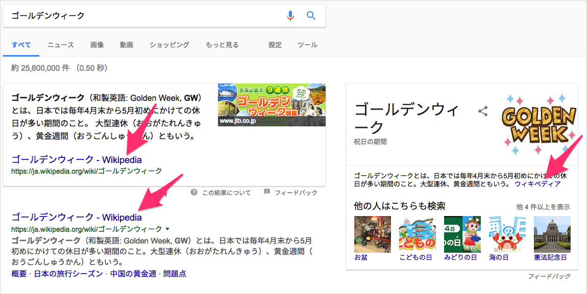 「ゴールデンウィーク」の検索結果を占領する Wikipedia