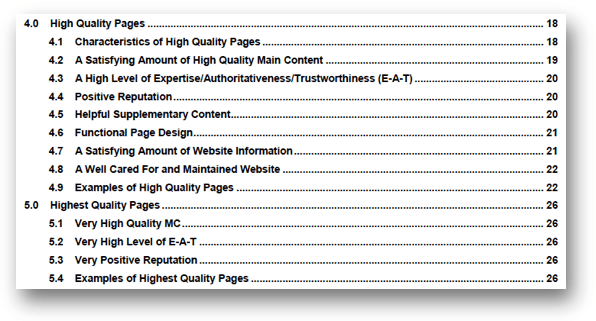 検索品質評価ガイドラインのHigh Quality Pagesの目次部分