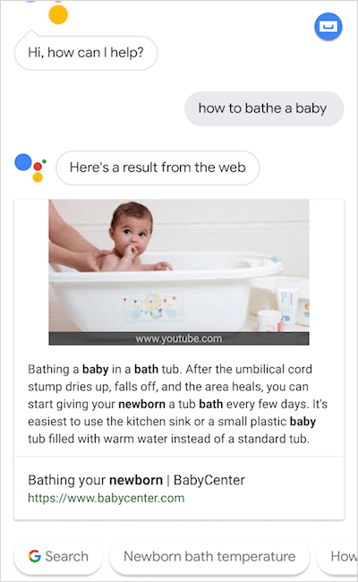 how to bathe a baby の Google Assistant の回答