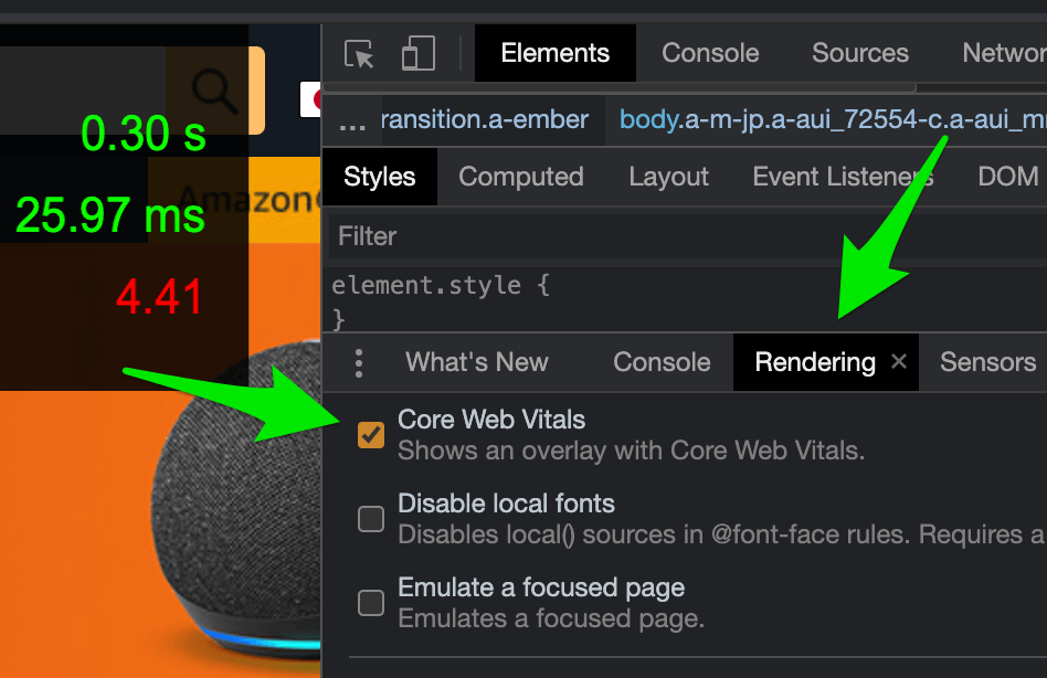[Rendering] で [Core Web Vitals] にチェックを入れる