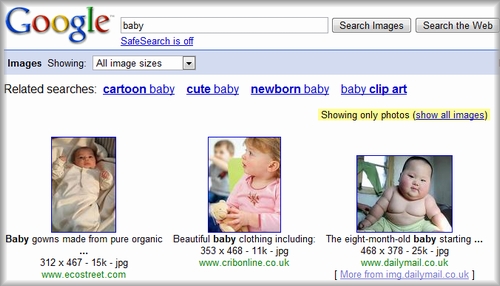 SERP of baby filtered by photo contents
