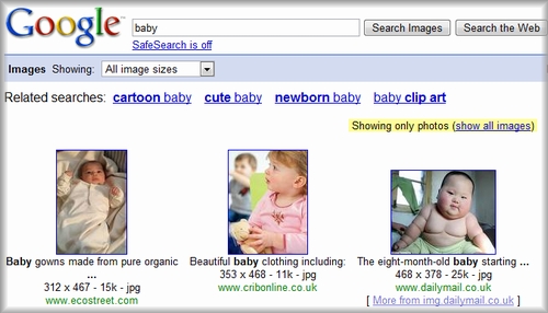 SERP of baby filtered by photo contents