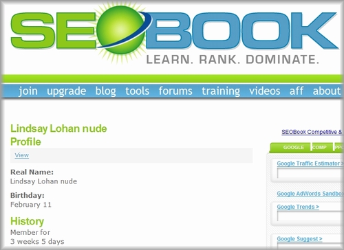 SEO BookのLindsay Lohan nudeプロフィールページ