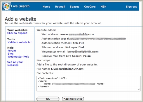 Live Search Webmaster Portal Authenication