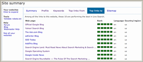 Live Search Webmaster Portal Top links to