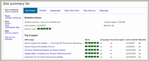 Live Search Webmaster Portal Site Summary