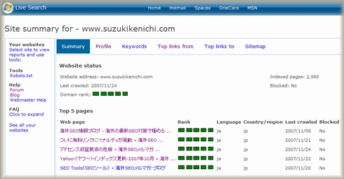 Live Seach Webmaster Tools Summary