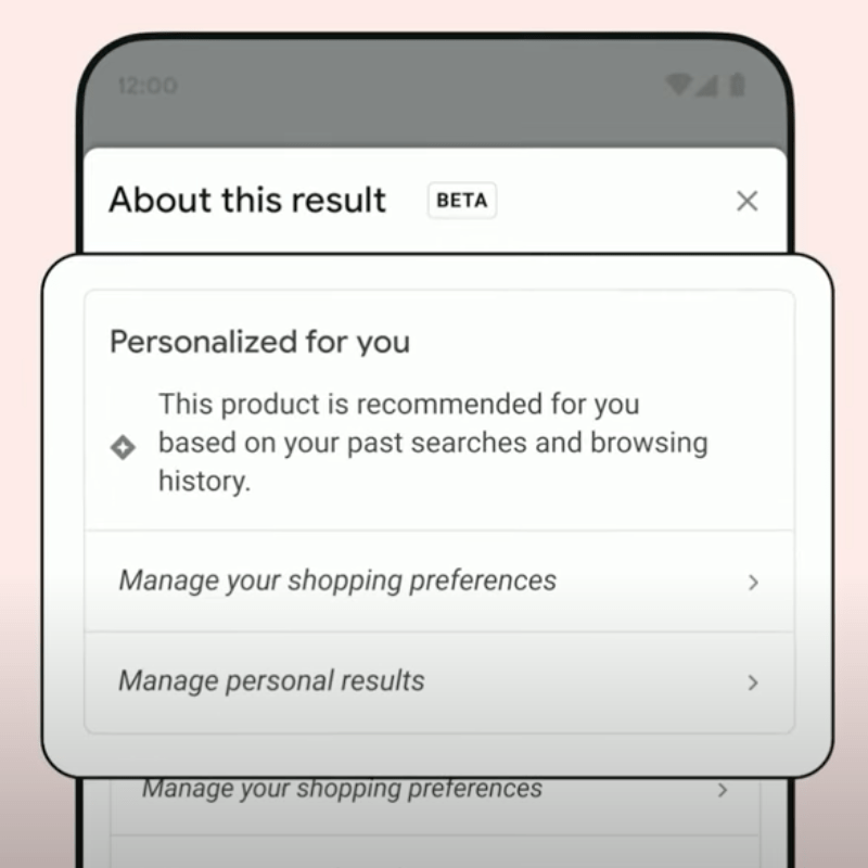 Manage shopping personalization via the About this result panel