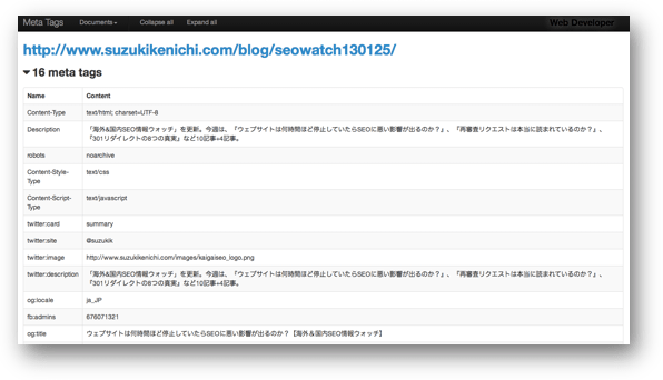 metaタグ情報のレポート