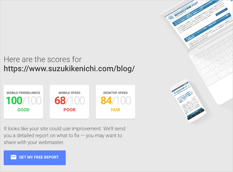 モバイルフレンドリー、モバイル・デスクトップでのスピードの点数