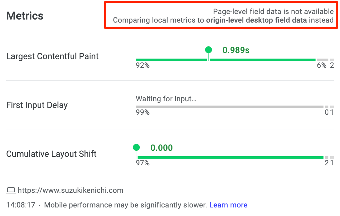 Page-level field data is not available. Comparing local metrics to origin-level desktop field data instead