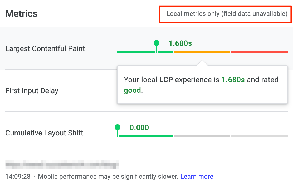 Local metrics only (field data unavailable)