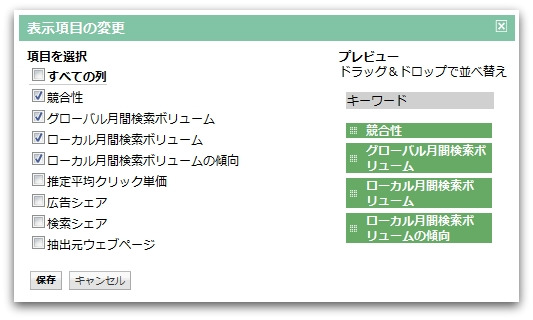 Google AdWordsキーワードツールの表示項目設定
