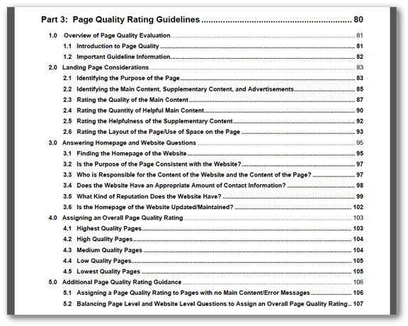 「Part 3: Page Quality Rating Guidelines」の目次メニュー