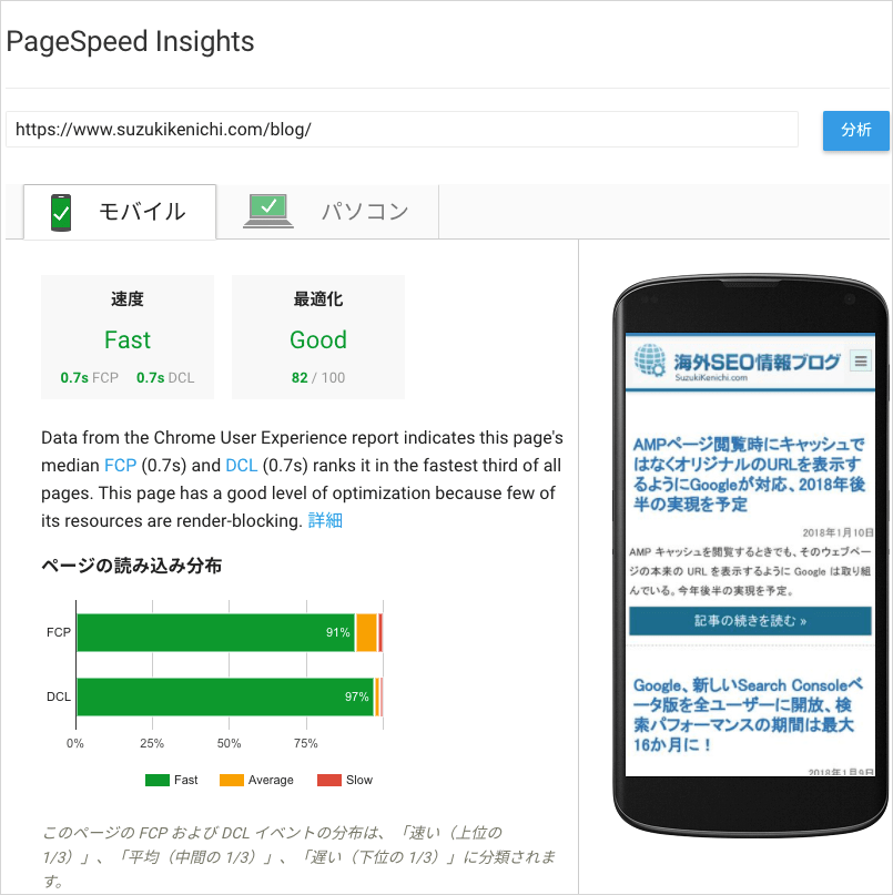 PageSpeed Insights で計測した FCP と DCL