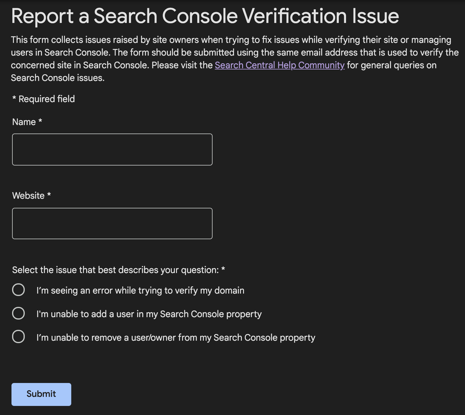 Report a Search Console Verification Issue