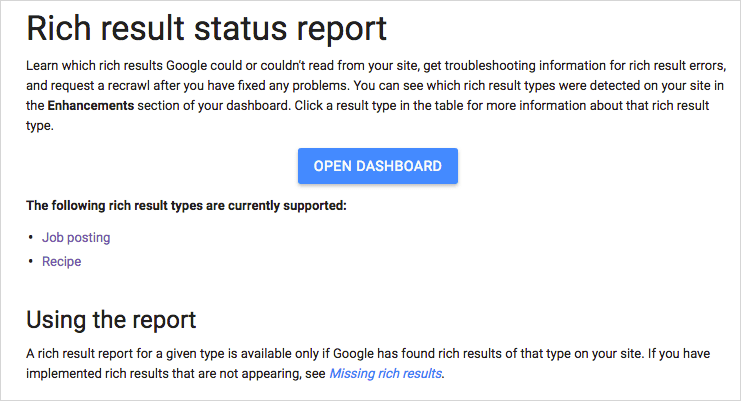 Rich result status report