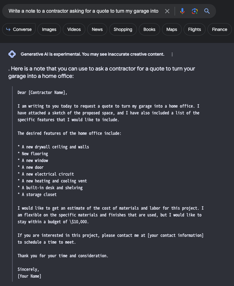 Write a note to a contractor asking for a quote to turn my garage into a home office.
