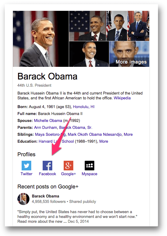 Barack Obamaのナレッジグラフに出るソーシャルプロフィール