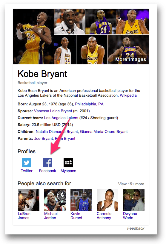 Kobe Bryantのナレッジグラフに出るソーシャルプロフィール