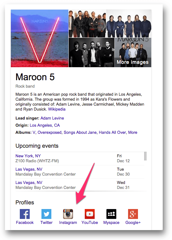 Maroon 5のナレッジグラフに出るソーシャルプロフィール