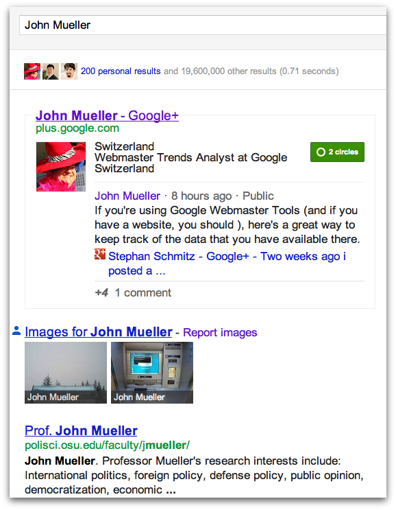 「John Mueller」で検索したSPYW (Search Plus Your World)