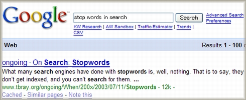 グーグルの「stop words in search」の現在の検索結果