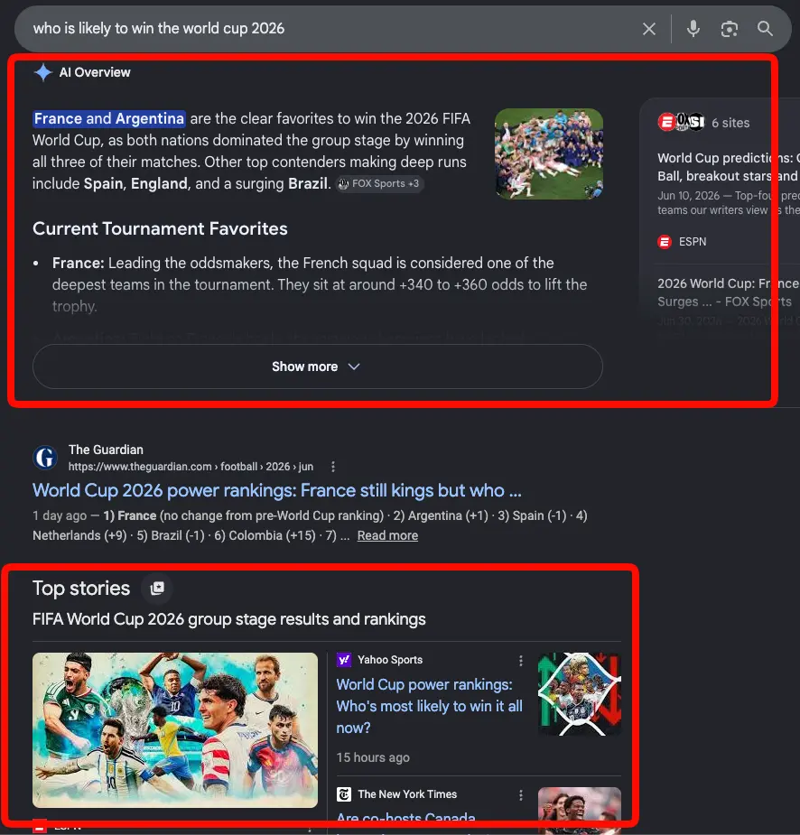 AI Overviews と Top Stories が検索結果で別々に