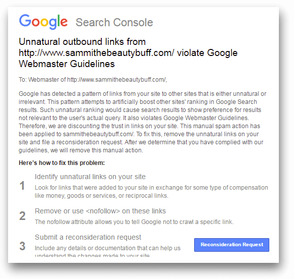 Unnatural outbound links from www.sammithebeautybuff.com/ violate Google Webmaster Guidelines